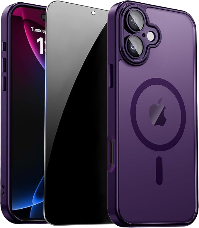 Magnetic for iPhone 17 Case with Privacy Screen Protector, Purple | Full Camera Protection, Compatible with MagSafe, Translucent Matte Shockproof Phone Cover for iPhone 17 Women Girls by ZOZDOKG