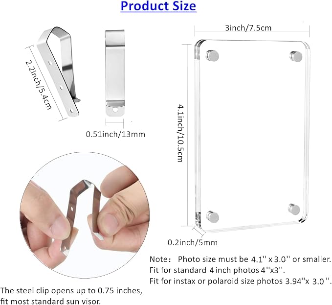 4-Pack Car Sun Visor Photo Clips 3x4", Magnetic Acrylic Picture Holder | Clear Magnetic Picture Holder Resists 212°F/100°C Heat, Clips to Car Sun Visor, Personalized Photo Frame Gifts for Car Lovers - Image 2