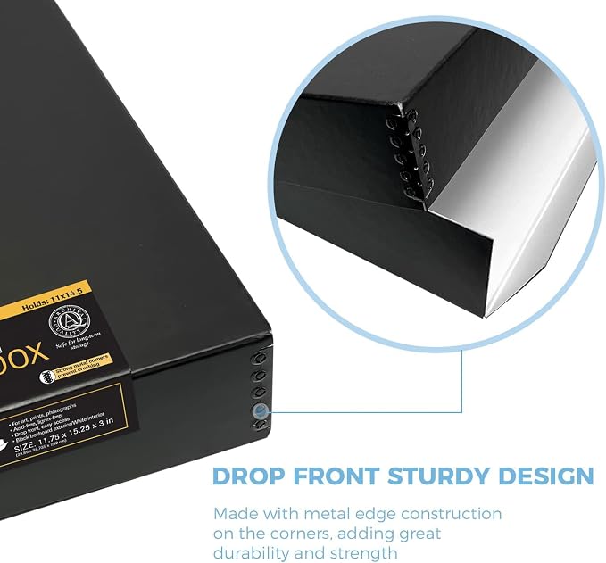 Lineco Drop Front Archival Storage Box, 11.75x15.25x3 in, Black, 2 Pack | Acid-Free with Metal Edge, Preserves Picture Longevity, Organize Photos, Newspapers, Prints, Documents, Crafts, DIY - Image 5