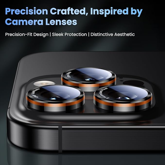 Uyiton for iPhone 17/16/15/14 (Pro Max & Pro) Camera Lens Protector | Unique Lines Text Design, Case-Friendly, Military-Grade Sapphire Glass Metal Camera Cover, Easy to Install, Black+Orange - Image 2
