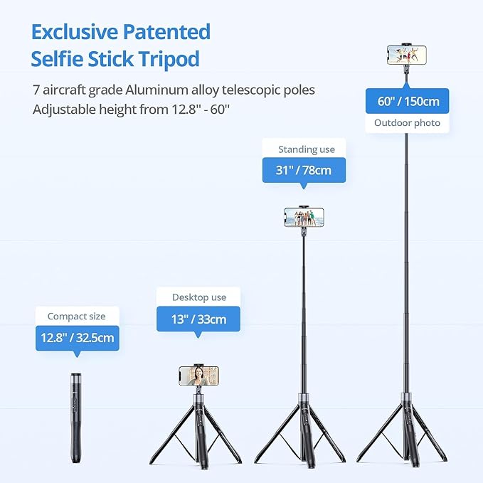 ATUMTEK 60" Selfie Stick Tripod, All in One Extendable Phone Tripod Stand with Bluetooth Remote 360° Rotation for iPhone and Android Phone Selfies, Video Recording, Vlogging, Live Streaming, Black - Image 2
