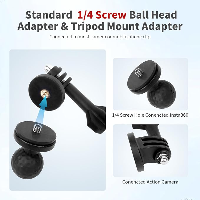Bike Motorcycle Camera Mount Bundle Kit, 1/4 Screw & Tripod Mount Adapter, 360°Rotating Ball Head Base -Ballhead Arm Bracket Clamp for lnsta360/G0pro, Handlebar Stype(0.59"-1.38") 75013 - Image 3