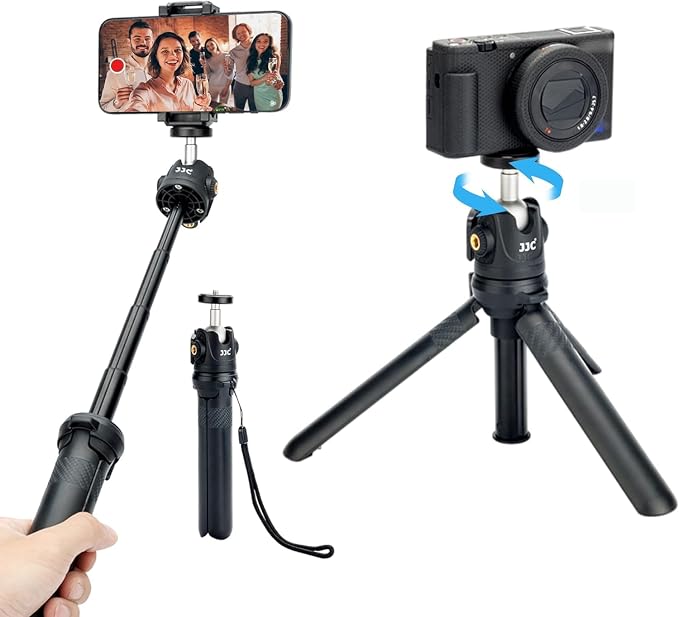 JJC Extendable Mini Tripod & Selfie Stick for Sony ZV-1F ZV-1 ZV-E10 A6100 | for Sony ZVE10 II ZV1F ZV-1 II ZV1 RX100 VII A6100 A6400, Canon PowerShot V1 SX740 HS G7X III II EOS R100 R50 & More by JJC
