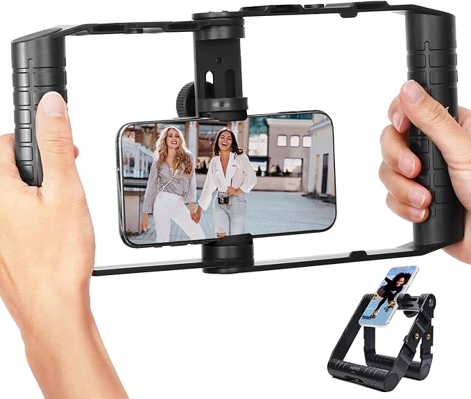 Movo SPR-20 Foldable Smartphone Video Rig Cage | Cold Shoe Mounts for Microphone or LED Light, Vlogging Mount Compatible with iPhone, Android by Movo