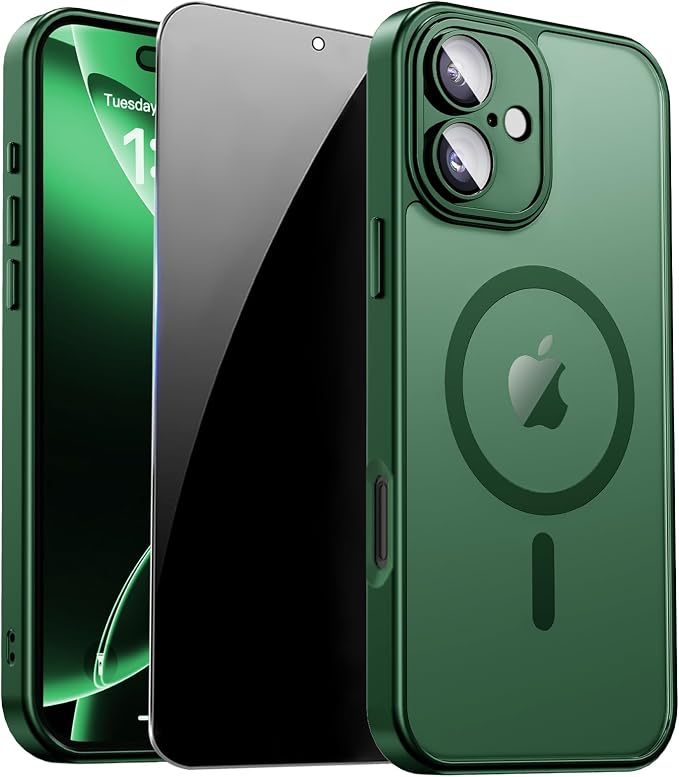 for iPhone 16 Case with Privacy Screen Protector, Green | Full Camera Protection, Matte Translucent, Magnetic, Compatible with MagSafe, Shockproof Phone Cover, Slim Fit by ZOZDOKG