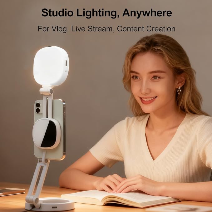 Selfie Light, 3-in-1 Magnetic Selfie for iPhone with Mirror, Foldable Portable Phone, Dual Color Temperature 360° Rotation Video Light for Makeup, Live Streaming, Vlogging - Image 4