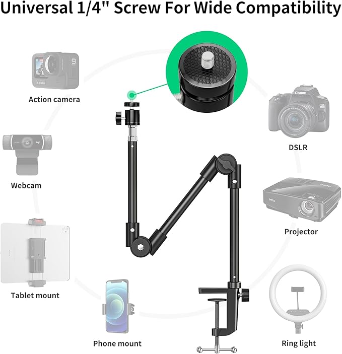 Webcam Stand Camera Desk Mount with Phone Holder & 5/8" Screw - 22" Flexible Projector Stand Gooseneck Desk Mic Stand for Logitech C922 C930e C920 C615 C960 Brio 4K, GoPro, Blue Yeti Snowball Ice - Image 4