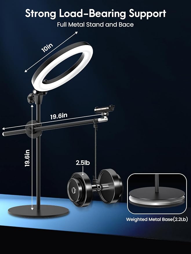 Selfie Ring Light with Stand and Phone Holder,Overhead Phone Mount with 10.5" Ring Lights,Desk Circle Lingt with Tripod Adjustable Shooting Arm for Video Recording,YouTube,TikTok,Live Streaming - Image 5