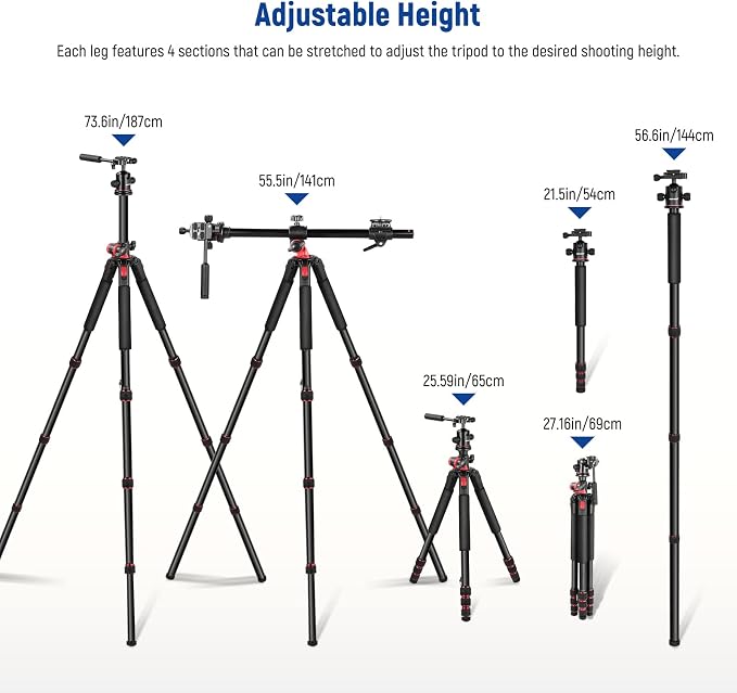 NEEWER 73.6" Horizontal Tripod with Multi Angle Center Column, Ball Head & Central Axis Platform, Heavy Duty Aluminum Camera Tripod Monopod 360° Pan 180° Tilt for Overhead/Macro Shots, Max Load 22lb - Image 5