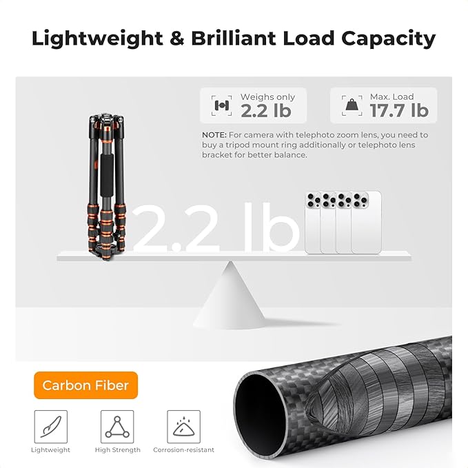 K&F Concept 60" Carbon Fiber Camera Tripod, Detachable Monopod for SLR DSLR | Max Load 17 lb, Lightweight Compact Travel Tripod, 360 Degree Ball Head, Quick Release Plate, A225C0+BH-25L - Image 3