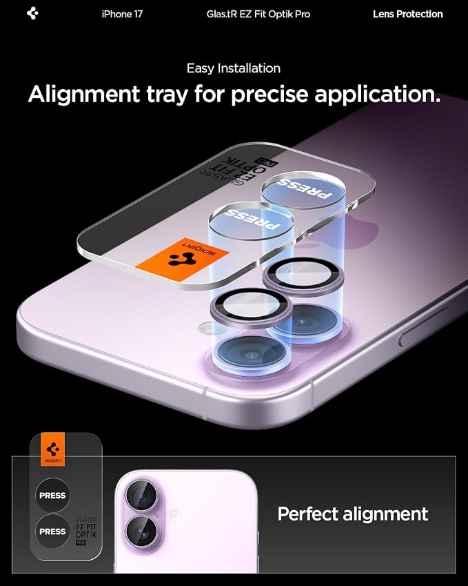 Spigen Camera Lens Protector for iPhone 17 (16 Plus/16) - Lavender | GlasTR EZ Fit Optik Pro, 9H+ Tempered glass, Scratch resistant, Auto-align tray, Case-friendly, Original Photo Quality, 2Pack - Image 4