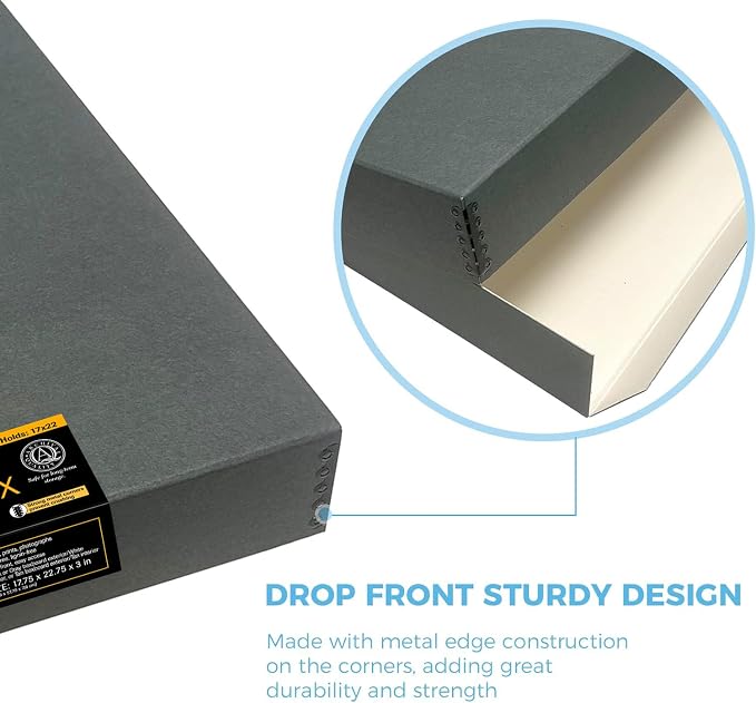 Lineco Museum Archival Storage Box, Drop Front, 17.75x22.75x3 in, Gray | Acid-Free with Metal Edge, Preserves Picture Longevity, Organize Photos, Newspapers, Prints, Documents, Crafts, DIY - Image 4