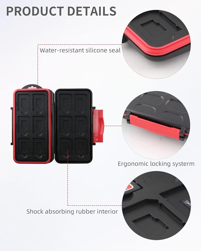 Memory Card Case Holder Protector for 12 Micro SD Card + 12 TF Card -Black | Card Carrying Case Storage Organizer, Water-Resistant, Dustproof, Anti-Shock, Made of ABS plastic, With hand strap, Portable - Image 4