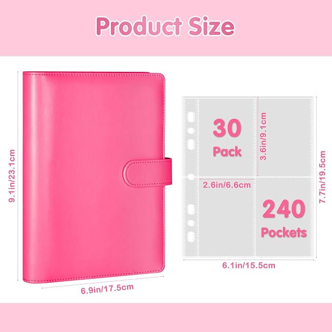 A5 Kpop Photocard Binder, PU Leather 6-Ring Album with Magnetic Closure, Includes 30 Pack 4-Pocket Pages for 240 Cards, Card Holder for Trading and Collectible Cards (Rose) - Image 4