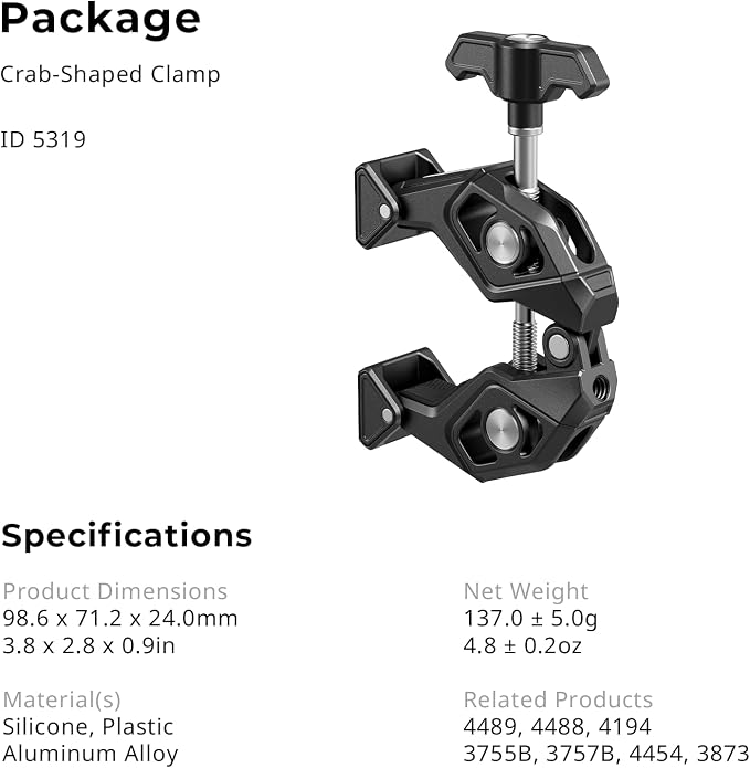 SMALLRIG Crab-Shaped Super Clamp with Swivel Tip & 1/4"-20 Expansion Holes, Max Clamping 50mm (2") for Camera Mounts, Tripod Accessories, Round Tube/Flat Surface, 5319 - Image 6