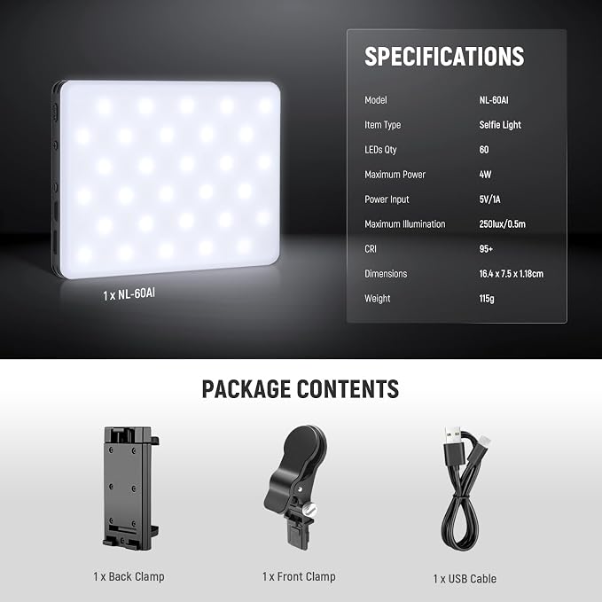 NEEWER Basics NL-60AI Selfie Light for Phone with Front & Back Clip, 60 LED 2000mAh Rechargeable CRI95+, 3 Modes, Portable Clip on Fill Lighting for Tablet Computer Laptop Zoom Call TikTok Video - Image 9