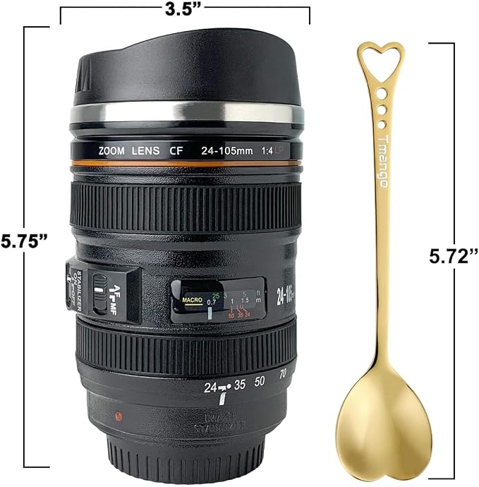 Camera Lens Coffee Mug with Slider Lid and Spoon– Realistic DSLR Thermos Cup, Novelty Gift for Photographers, Men & Women - Image 9
