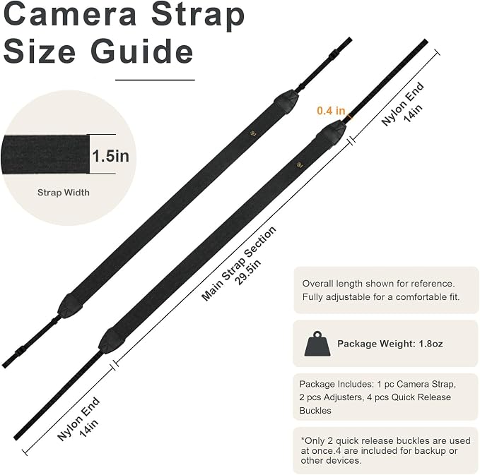 Camera Strap, Adjustable Neck & Shoulder Strap with Quick Release Buckles | Comfortable Cotton-Feel Black Herringbone Strap with 4 Quick Release Buckles, DSLR, Mirrorless Camera & Camcorder Compatible - Image 5