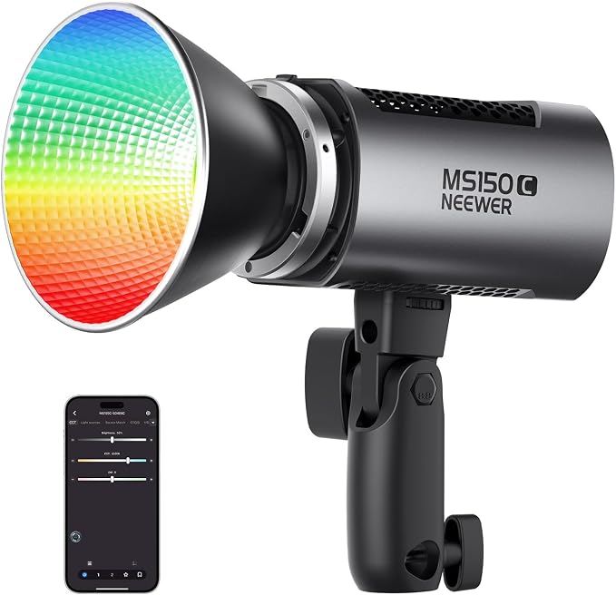 NEEWER MS150C RGBWW LED Video Light with 2.4G/APP Control, 150W Metal Mini RGB COB Continuous Output Lighting Bowens Mount Handheld Spotlight 2700K-6500K, 18000lux/1m, CRI97+/TLCI98+,17 Effects, RGBCW by Neewer