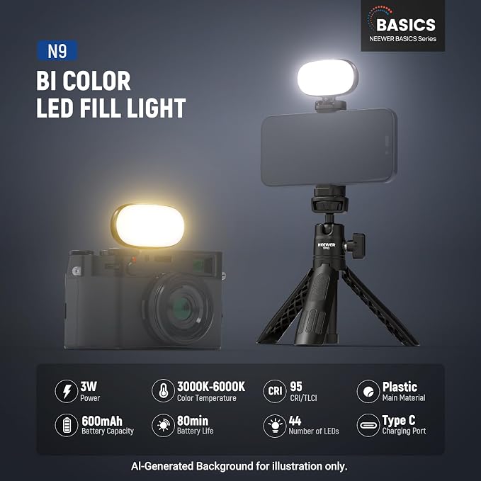 NEEWER Basics Portable Selfie Light, 3W Clip on Phone Small LED Cold Shoe Camera Lighting, 600mAh CRI95 3 Color Modes Dimmable for iPhone iPad Laptop Webcam Zoom Video Conference Recording Vlog, N9 - Image 2