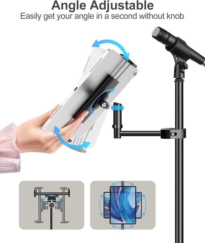 elitehood Aluminum iPad Holder for Mic Stand, Side Mount iPad Music Stand | 360° Swivel Tilt Adjustable Tablet Holder for Microphone Stand, Heavy Duty iPad Clip Attachment for 4-13in Tablets, Black - Image 4