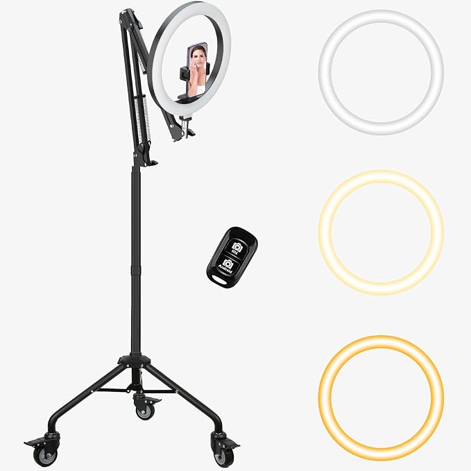 LUXSURE Ring Light Tripod for iPhone,Ring Light with Stand and Phone Holder,LED Overhead Camera Mount with Casters,Phone Tripod with Light and Remote for Video Recor by LUXSURE