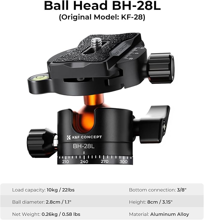 K&F CONCEPT 62" Compact Aluminum DSLR Camera Tripod | Detachable Monopod Tripod, 360° Ball Head, QR Plate, 22lbs Payload for Travel/Work, O254A1+BH-28L - Image 5