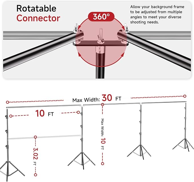 BEIYANG 10x30FT Photo Backdrop Stand, Angle Adjustable Triple Crossbar Extender Mount, Photography Background Support System, with Sand Bags,12 PCS Clamps for Wedding Party Celebration - Image 2