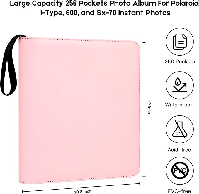 Veicevol 256-Pocket Album for Polaroid i-Type, 600 & SX-70 Photos, Pink | Designed for Fujifilm Instax Wide Photos, Water-Resistant PU Leather Cover, Zipper Closure, Securely Holds Up to 256 Photos - Image 3