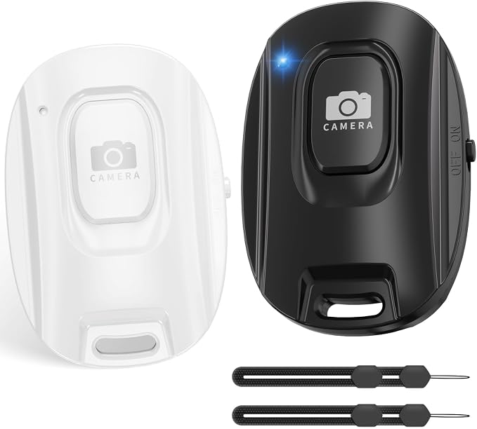Wireless Camera Remote Shutter for iPhone and Android Smartphones 2 Pack, Bluetooth 5.2 Phone Remote Control Selfie Button for Photos and Videos, Battery Powered, Wrist Strap Included, Black & White by VYVIYON