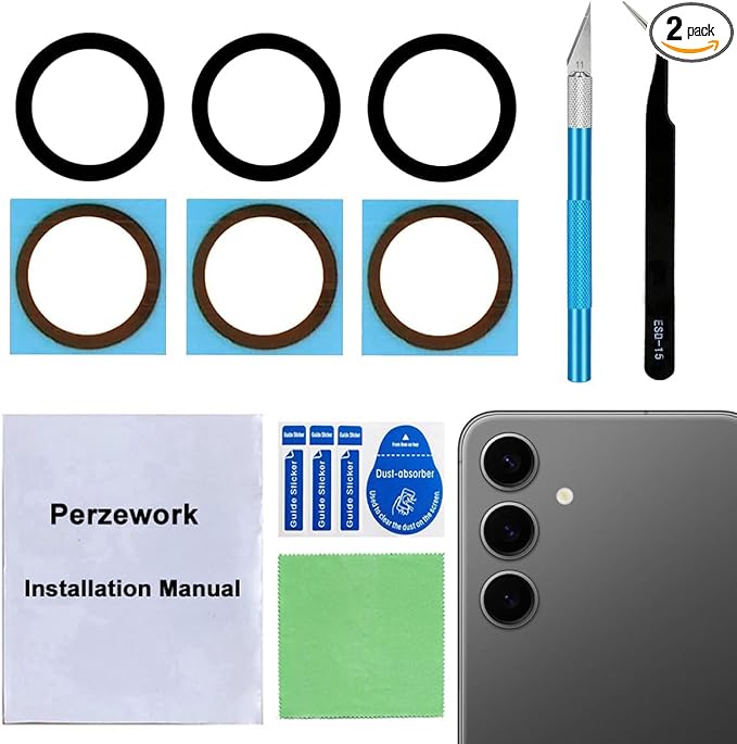 2 Sets Rear Back Camera Lens Glass Replacement for Samsung Galaxy S24+ Plus 6.7-inches with pre-Installed Adhesive and Reparing Toolkit by Perzework