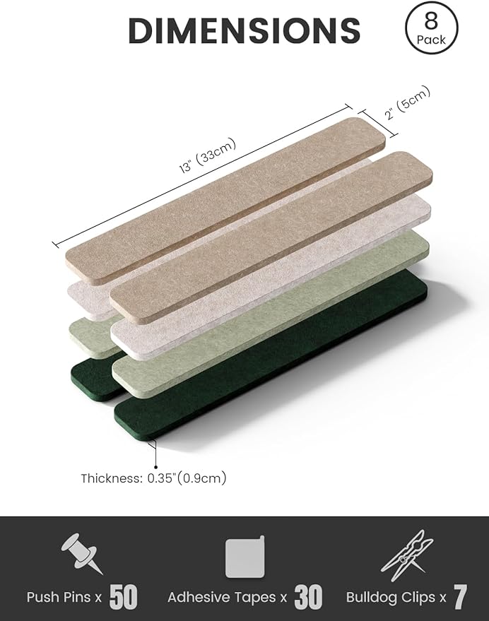 Fluxynara 13" x 2" Felt Wall Panels, Nordic Moss | 8-Pack Includes 50 Push Pins and Adhesive Tabs for Photos, Notes and Decor in Bedroom Doors, Home Office or Studios - Image 2