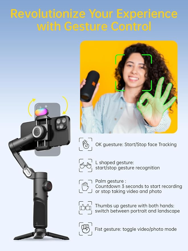 AOCHUAN 3-Axis Gimbal Stabilizer for iPhone Gimbal w/RGB Fill Light-XE Kit | Face Tracking Focus Wheel Foldable Smartphone for iPhone/Android Phone Stabilizer Vlog Recording Smart XE Kit - Image 5