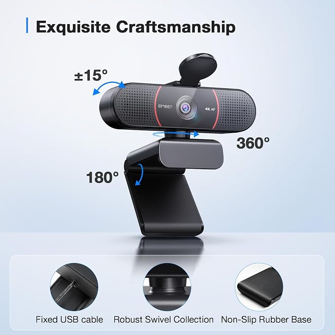 EMEET C960 4K Webcam for PC, PDAF Auto Focus, Dual Omni Mics, 73° FOV | Auto Light Correction, USB-A, Plug&Play, Web cam 4K with Privacy Cover, Webcam 4K Works for Zoom/Teams/Google Meet, Laptop/PC - Image 9