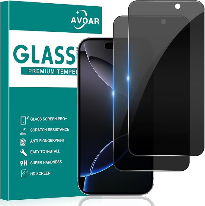 2 Pack Privacy Screen Protector for iPhone 16 Pro Max, 6.9 Inch | Tempered Full Screen Glass Film, Anti-Spy, Bubble Free, Case Friendly by AVOAR