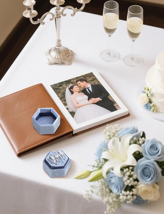 MFXIP Velvet 3 Slots Jewelry Ring Box Engagement Wedding Box Keepsake Box Bridal Photo Ring Triple Slots Hexagon - Image 5