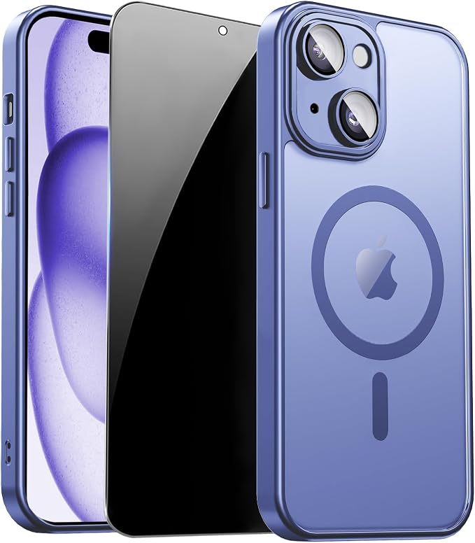 for iPhone 15 Plus Case with Privacy Screen Protector, Light Blue | Full Camera Protection, Translucent Matte Magnetic, Compatible with MagSafe, Shockproof Phone Cover, Slim Fit by ZOZDOKG