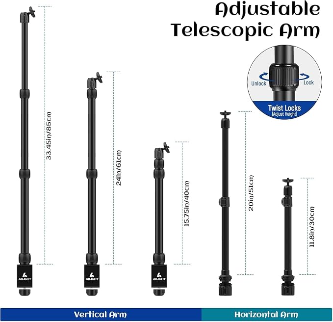 Ailight Overhead Camera Mount Desk Stand, 15.75"-33.45" Webcam Mount with 2-Section Adjustable Telescopic Boom Arm, C Clamp/Swiveling Ball Head for DSLR Camera, Ring Light, Webcam - Image 3