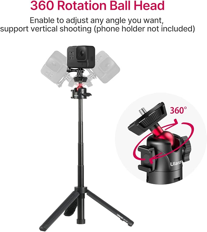 ULANZI MT-16 Extendable Mini Camera Tripod, 4 Levels Adjustment 360° Ball Head Cold Shoe Lightweight Portable Vlog Travel Selfie Stick Handle Grip Desktop Webcam Tripod for DSLR Action Camera - Image 5