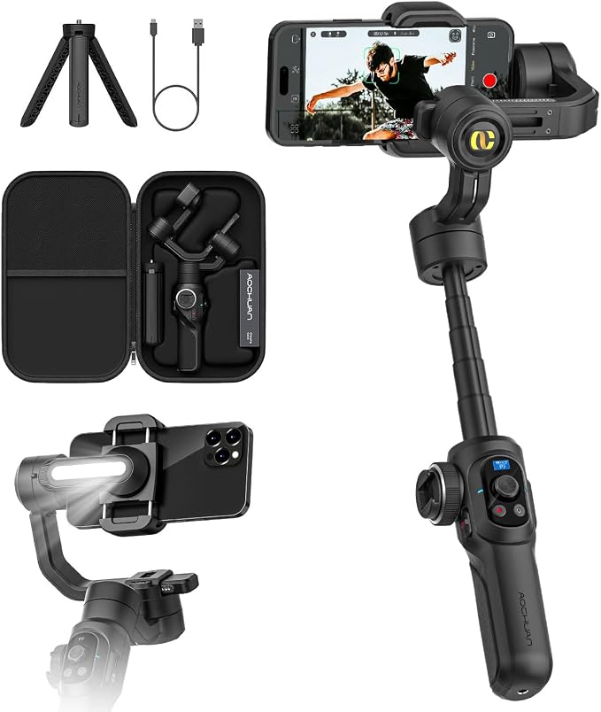 AOCHUAN Professional Gimbal Stabilizer for Smartphone,Built-in 18CM Extension Rod and Powerful Fill Light,360°Inception,Face&Object Tracking Stabilizer,3-Axis Gimbal for iPhone& Android-Smart S2 by AOCHUAN