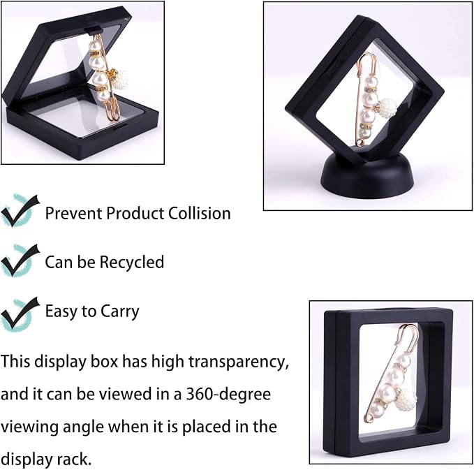 3D Floating Display Case, Transparent Film Jewely Storage Box, Black Challenge Coin Display Holder Stand for Antique Challenge Coins Medals Jewelry Shells Gems Minerals Rocks Specimen Pins (18Pcs) - Image 3