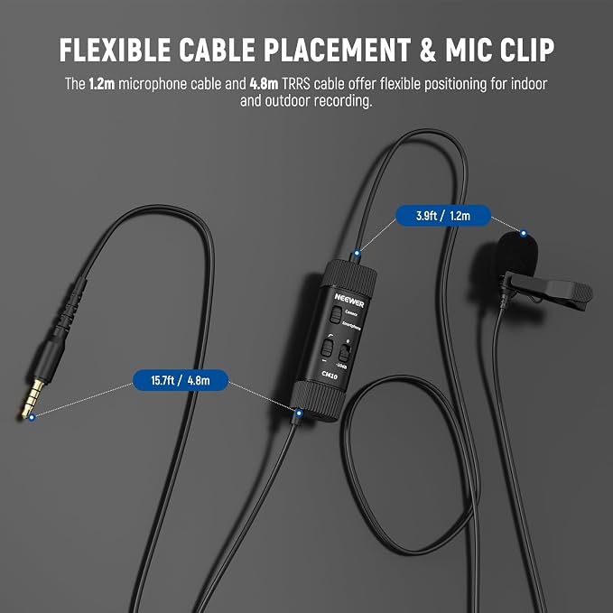 NEEWER 3.5mm TRRS Lavalier Lapel Microphone Plug & Play Mini Clip on Mic Omnidirectional Condenser for Camera Phone PC, Low Frequency Cut, Gain Control, Monitoring Headphone Jack, CM10 - Image 7