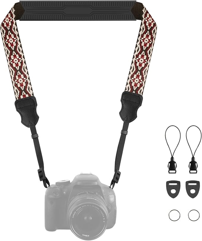 FIEIL Neck Strap Silicone Camera Straps - Padded Camera Strap, 1.5" Wide Adjustable Neck Strap - Compatible with Canon, Nikon, Sony, and More DSLR and Mirrorless Cameras (Red and Black Geo) by FIEIL