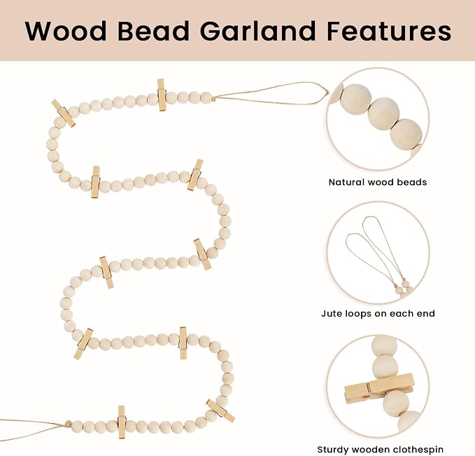 KLOGTSIND Hanging Photo Display with Clips, 3PCS Wood Bead Garland Banner | Photo String Banner with 10 Clips for Bedroom Room Dorm Cubicle, Picture Cards Artwork Display, Christmas Teen Girls Gifts - Image 4