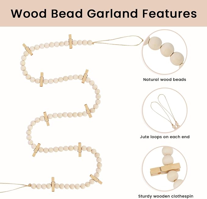KLOGTSIND Hanging Photo Display with Clips, Wood Bead Garland Wall Decor | Photo String Banner with 10 Clips for Bedroom Room Dorm Cubicle, Picture Cards Artwork Display, Christmas Teen Girls Gifts - Image 4