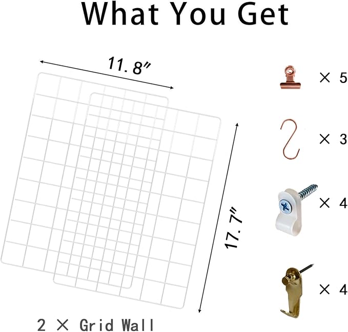 Wall Grid Panel for Photo Display,Wall Storage Organizer,5 Metal Clips & 3 S Hooks & 4 Nails & 4 Plastic Hanging Buckles and 4 Screws Offered,Size 17.5" x 11.8",Set of 2 (White) - Image 2