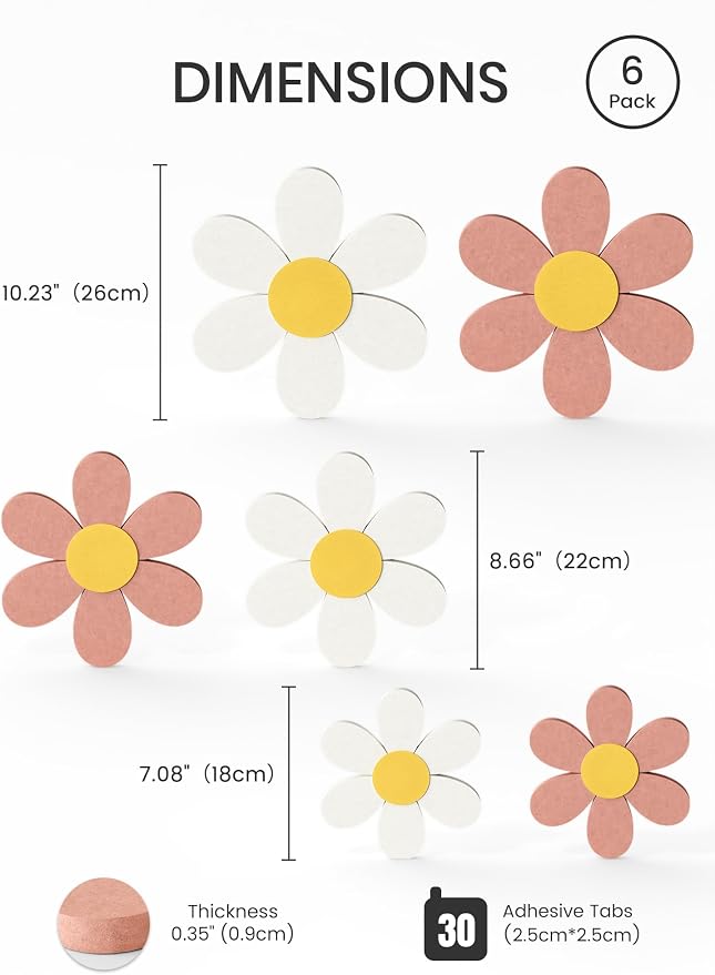Fluxynara 6 PCS Daisy Felt Flower Wall Decor, Daisy Bulletin Board for Nursery & Girl Room, 3-Size Acoustic Felt Wall Art for Bedroom, Baby’s Room, Kids’ Spaces, Pink/White - Image 2