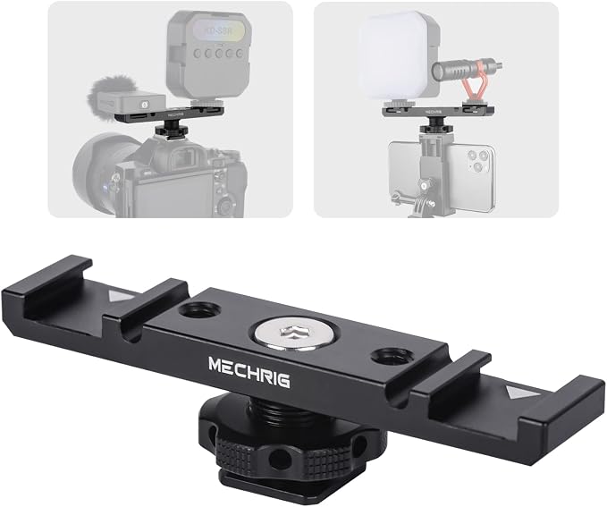 Dual Cold Shoe Extension Bar Mount, Aluminum Dual Hot Shoe Mount Bracket with 1/4" Thread & Cable Slot, Cold Shoe Bracket for DSLR Camera LED Video Light Microphone Monitor (62034) by Mechrig