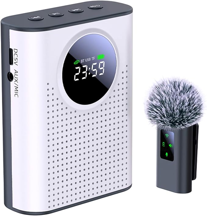 S67 Voice Amplifier Wireless Microphone for Teachers Classroom Rechargeable, Mini Lavalier Lapel Mic, Portable Speaker PA System with LED Display for Class, Tour Guide, Coaches, White by ZERFUN