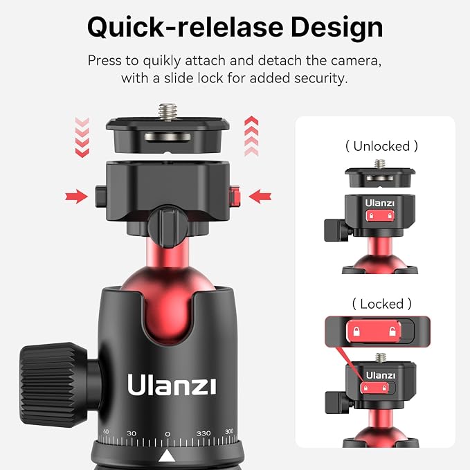 ULANZI TT31 72.4" Claw Quick Release Aluminum Camera Tripod & Monopod, Panorama 360° Ball Head Detachable w 180°Revertible Legs, Up Load 8.82lb, for Sony/Canon/Nikon/Fujifilm and More - Image 3